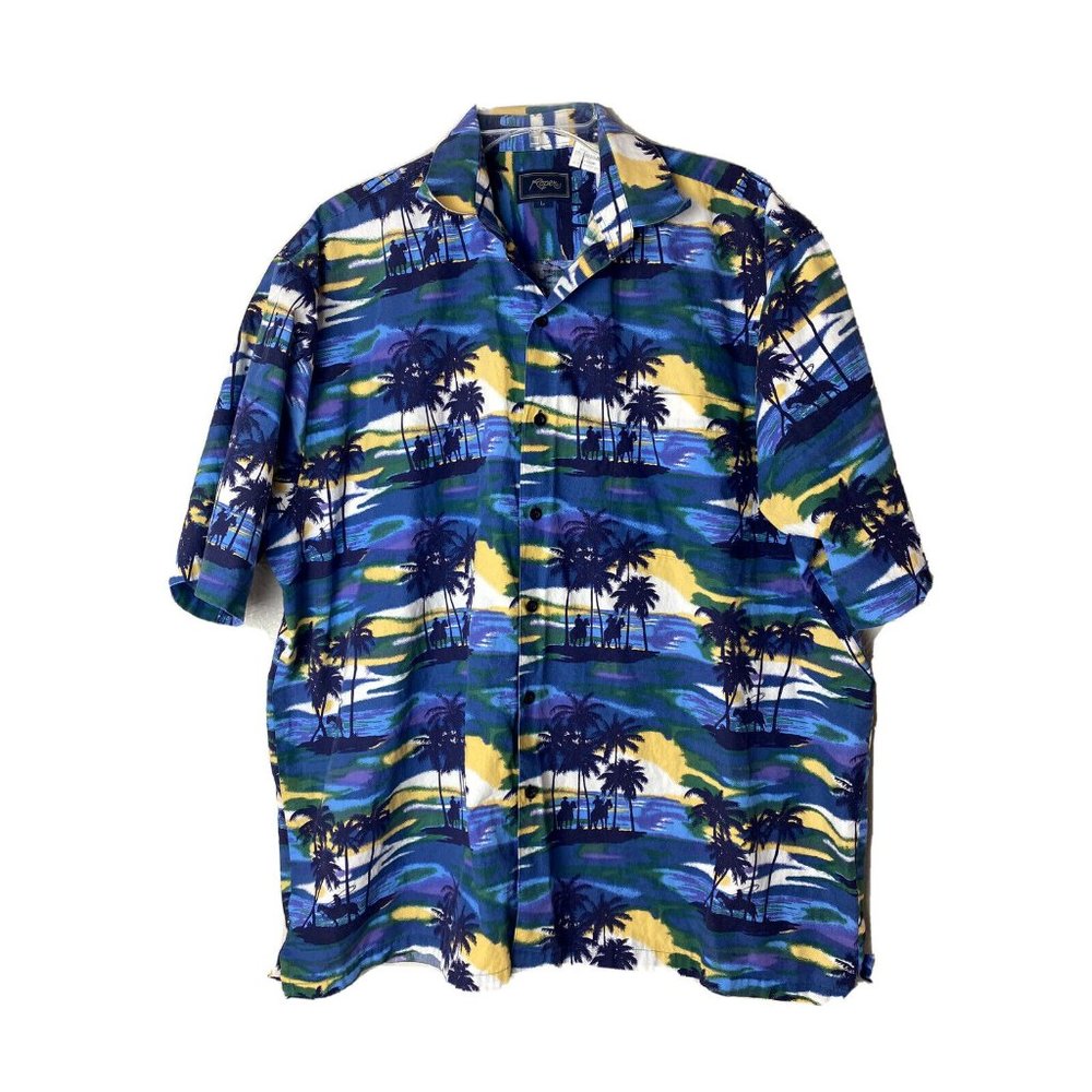 VTG Roper Mens Sz Large Hawaiian Cowboy Palm Tree Horse Sunset Button Shirt EUC
